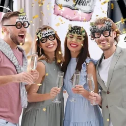 6 st Nyårsglasögon Nyårshatt Kronformade Solglasögon Svart Guld Nyår Fotoautomat Rekvisita med Glitterglasögon><noscript><img width=