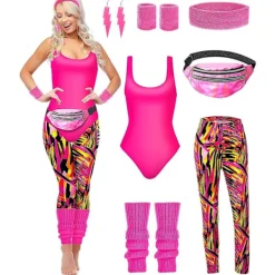 KOOLMEI 7 st 80-tals träningskostym 80- set 80-tals 90-tals Leotard Legging Pannband Armband Benvärmare Örhängen Fanny Pack Large> Dräkter