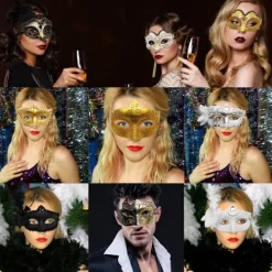 2 st venetianska maskeradbal maskeradsvarta diamant halva ansiktsmeta><noscript><img width=