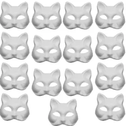 15 st vita dekorativa målningsbara masker, halv ansikte, kattmasker, Halloweenfest, tomt vanligt papper> Masker