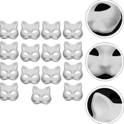15 st vita dekorativa målningsbara masker, halv ansikte, kattmasker, Halloweenfest, tomt vanligt papper><noscript><img width=