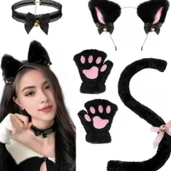4 st/set Kattdräkt Cosplay Tillbehör Set Plysch Material Kattöron Hårband Klockhalsband Klotassar Svans Set One Size> Tillbehör