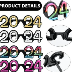 4 stycken 2024 tredimensionella Nyårsglasögon, utsökta fotorekvisita för nyårsfestglasögon Fr><noscript><img width=