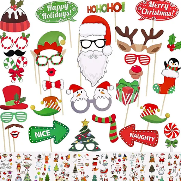 32 stycken julfotorekvisita, julpartyfotobåsset med tillfälliga tatueringar för familjefoton och julpartytillbehör hy> Tillbehör