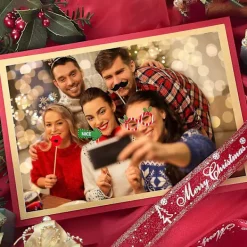 32 stycken julfotorekvisita, julpartyfotobåsset med tillfälliga tatueringar för familjefoton och julpartytillbehör hy><noscript><img width=