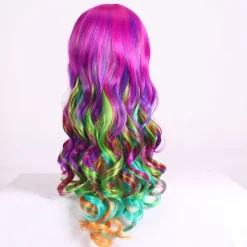 28 tum/70 cm vacker lång vågig Harajuku-stil cosplayperuk (regnbågsfärg)> Peruker