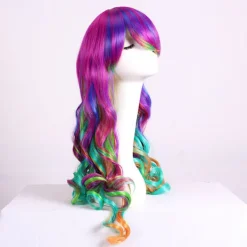 28 tum/70 cm vacker lång vågig Harajuku-stil cosplayperuk (regnbågsfärg)><noscript><img width=