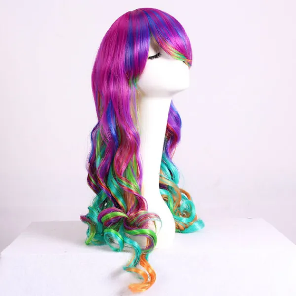 28 tum/70 cm vacker lång vågig Harajuku-stil cosplayperuk (regnbågsfärg)> Peruker