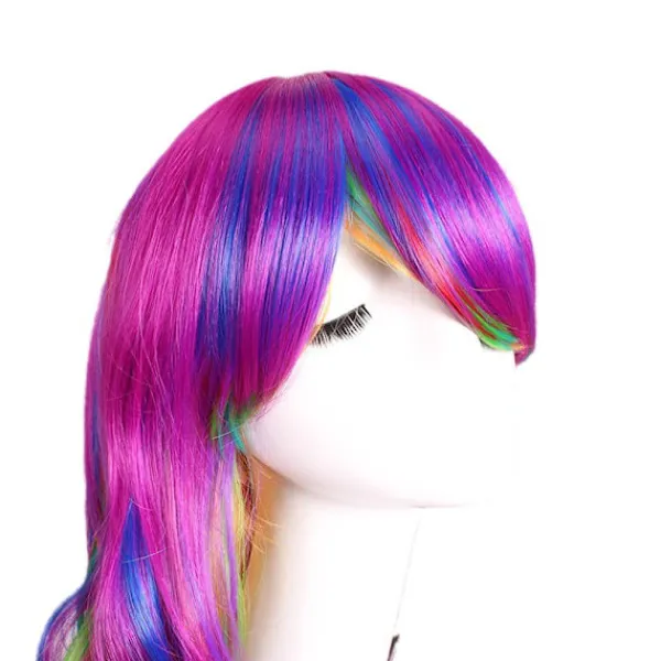 28 tum/70 cm vacker lång vågig Harajuku-stil cosplayperuk (regnbågsfärg)> Peruker