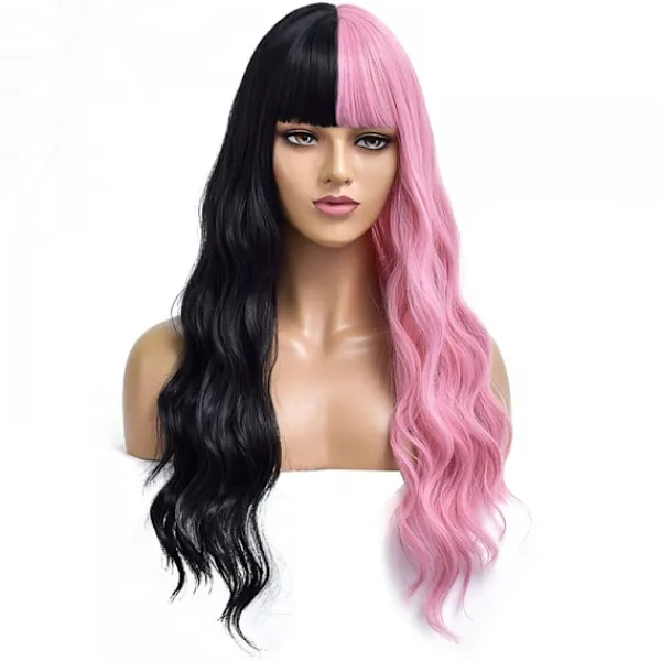 28 tum flerfärgad lugg lång lockig mode cosplay fest peruk (halv rosa halv svart)> Peruker
