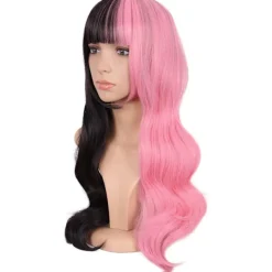 28 tum flerfärgad lugg lång lockig mode cosplay fest peruk (halv rosa halv svart)> Peruker