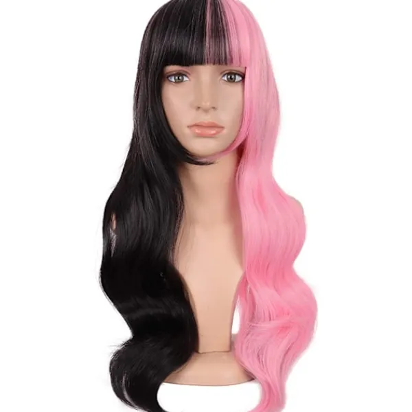 28 tum flerfärgad lugg lång lockig mode cosplay fest peruk (halv rosa halv svart)> Peruker