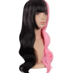 28 tum flerfärgad lugg lång lockig mode cosplay fest peruk (halv rosa halv svart)><noscript><img width=