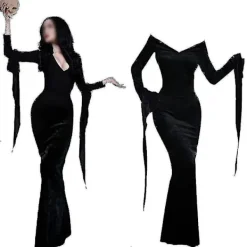 Blueday Addams onsdag Morticia Addams kostym Halloween klänning Peruk Vuxna kvinnor Punk gotisk spetsklänning> Dräkter