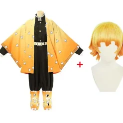 Adult Kids Anime Demon Slayer Kimetsu No Yaiba Agatsuma Zenitsu Cosplay Costumes Halloween Costume Kimono Anime Figure Suit Wig -a 150> Dräkter