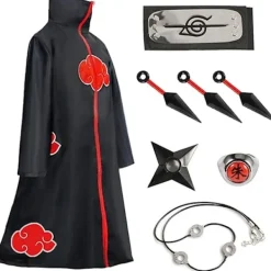Akatsuki Itachi Kostym Cape Cosplay Akatsuki Uchiha Itachi Kostym Pannband Ring Halsband Ninja Tillbehör Anime Karneval Halloween Jul, storlek L> Dräkter