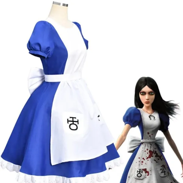 KOOLYOU Alice Madness Returns Cosplay-kostym Halloween Maid-klänningar Förklädesklänning för kvinnor anime Flickor karnevalsklänning fest M black> Peruker