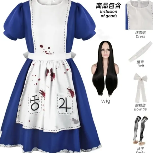 KOOLYOU Alice Madness Returns Cosplay Kostym Alice Maid Klänning Uniform Vuxna Kvinnor Halloween Anime Flickor Karneval Klä Ut Fest M costume and wig> Dräkter