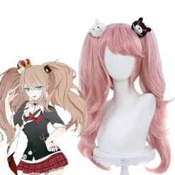 KOOLYOU Anime Danganronpa Enoshima Junko Cosplay Kostym Uniform Cafe Arbetskläder Kort Kjol Dubbel Svans Fläta Peruk Halloween Kostym only wig> Peruker