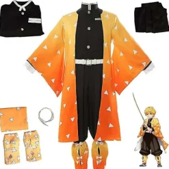 Anime Demon Slayer Agatsuma Zenitsu Cosplay Kostym Kimono Kappa Utrustning Halloween Maskerad Kostym Set-WELLNGS M> Dräkter