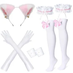 Anime Fransk Hembiträde Förkläde Lolita Maskerad Cosplay Kostym Pälsig Katt Öra Handskar Strumpor Set för Kvinnor-Perfekt XL><noscript><img width=