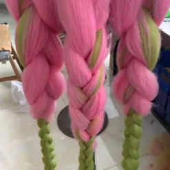 Anime rosa och grön peruk för Mitsuri Cosplay flätad hårperuk med flätor Halloween fest peruk + mössa,wz-2055 (FMY)><noscript><img width=