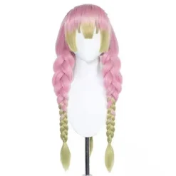 Anime rosa och grön peruk för Mitsuri Cosplay flätad hårperuk med flätor Halloween fest peruk + mössa,wz-2055 (FMY)><noscript><img width=