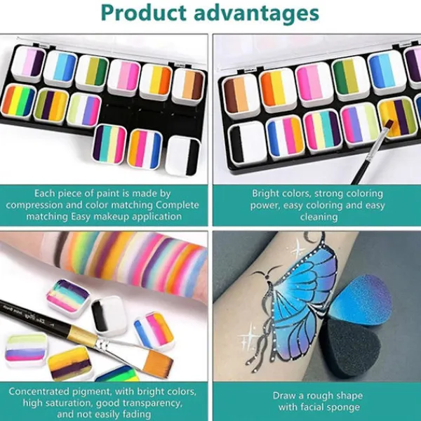 DMstore Ansiktsmålning Kit 1-streck 12 Delad Kakpalett, vattenaktiverad Kroppsmålningssats med 3 Borstar 2 Svamp> Smink