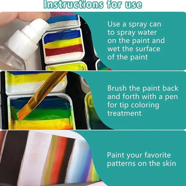 DMstore Ansiktsmålning Kit 1-streck 12 Delad Kakpalett, vattenaktiverad Kroppsmålningssats med 3 Borstar 2 Svamp> Smink