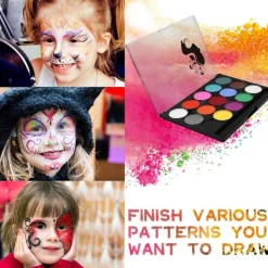 Ansiktsmålningskit - 15 Livfulla Färger Icke-Toxisk Tvättbar Smink för Barn & Vuxna | Vattenbaserad Halloween, Fest, Cosplay | Inkluderar 2 Penslar & Palett | Fyndiq><noscript><img width=