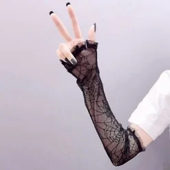 Armbågslånga Mesh Spets Långa Handskar Transparenta Spindelvävshandskar Halloweenhandskar><noscript><img width=
