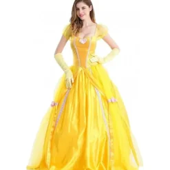 Belle klänning vuxen prinsessa kostym fest karneval cosplay performance halloween gul kostym med handskar, XXL> Dräkter