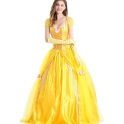Belle Klänning Vuxen Prinsessa Kostym Party Karneval Cosplay Föreställning Halloween Gul Kostym med Handskar med Stor Crinoline, L> Dräkter