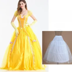 Belle klänning vuxen prinsessdräkt fest karneval cosplay performance halloween gul kostym med handskar med stor krinolin, L-FF-> Dräkter