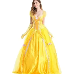 Belle klänning vuxen prinsessdräkt fest karneval cosplay performance halloween gul kostym med handskar med stor krinolin, L-FF-><noscript><img width=