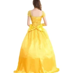 Belle klänning vuxen prinsessa kostym fest karneval cosplay performance halloween gul kostym med handskar med stor krinolin, L><noscript><img width=