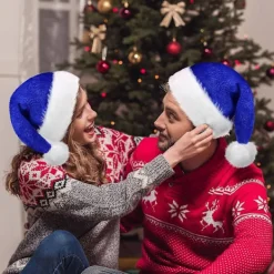 Blå Julhatt för Vuxen, Deluxe Sammet Tomtehatt, Lyxig Jul Tomtehatt För Kvinnor Och Män, Kostym För Julfest><noscript><img width=