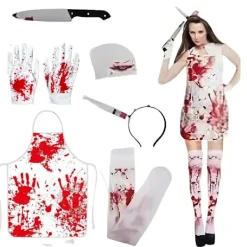 Blodigt Förkläde Skräckkostymset – Halloween Slaktare Cosplay med Falska Blodfläckar *Svart förklädesset 1*En storlek One size><noscript><img width=