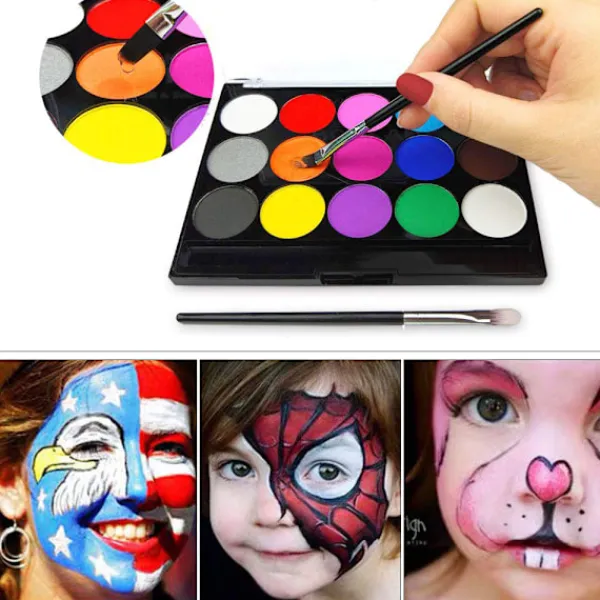 Xuigort Body Barnens Sminkfärger, 15 Färger Sminkpalett 2 pennor + 4 mallar Barnens Ansiktsfärg Set för Barnfester och Karneval Ansikte> Smink
