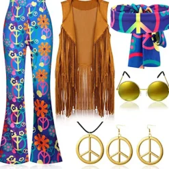 Bohemiska vida byxor, fransväst, pannband, fredssymboler - accessoarer för kvinnor, fred, kärlek, hippie, fin klänning, 70-tals disco outfit Hippie XL Hippie | Fyndiq> Dräkter