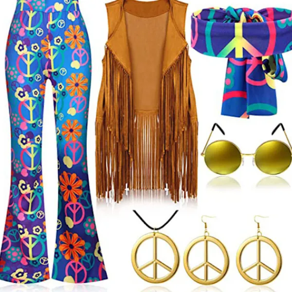 Bohemiska vida byxor, fransväst, pannband, fredssymboler - accessoarer för kvinnor, fred, kärlek, hippie, fin klänning, 70-tals disco outfit Hippie XL Hippie | Fyndiq> Dräkter