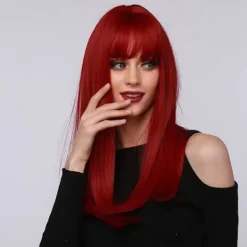 Bordeaux Lång Rak Peruk, Kvinnor Högtemperatur Röd Fiber Falskt Hår med Rak Lugg för Cosplay Fester> Peruker