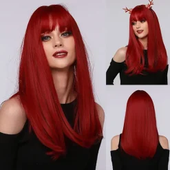 Bordeaux Lång Rak Peruk, Kvinnor Högtemperatur Röd Fiber Falskt Hår med Rak Lugg för Cosplay Fester> Peruker