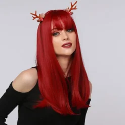 Bordeaux Lång Rak Peruk, Kvinnor Högtemperatur Röd Fiber Falskt Hår med Rak Lugg för Cosplay Fester><noscript><img width=