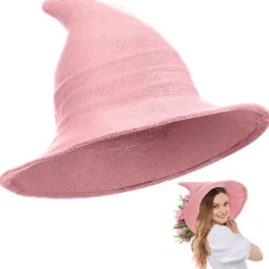 Bredbrättad Stickad Häxhatt, Vikbar Spetsig Filthatt för Kvinnor, Halloween Cosplay Kostym Maskeradaccessoar> Huvudbonader