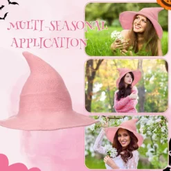 Bredbrättad Stickad Häxhatt, Vikbar Spetsig Filthatt för Kvinnor, Halloween Cosplay Kostym Maskeradaccessoar><noscript><img width=