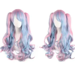 [CA] Lolita Lång Lockig Clip-On Hästsvans Cosplay Peruk, Dubbel Hästsvans Tiger Clip Lång Lockig Peruk (rosa/blå/blond), wz-1352 (FMY)> Peruker