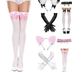 Catgirl Utklädningskläder Inklusive Hårband Spetskrage Halsband Handskar och Knähöga Strumpor för Kvinnor Halloween Rosa (Rosa)> Tillbehör
