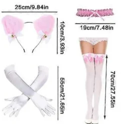 Catgirl Utklädningskläder Inklusive Hårband Spetskrage Halsband Handskar och Knähöga Strumpor för Kvinnor Halloween Rosa (Rosa)><noscript><img width=