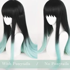 Cosplay Peruk för DS, Långt Rakt Svart Grön Peruk Gradient Dubbel Hästsvans Anime Hår Flätor Peruker med Mössa för Halloween Kostym><noscript><img width=